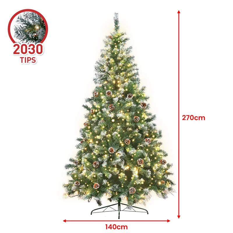 Christabelle 2.7m 9ft Pre-Lit LED Artificial Christmas Tree with Snow Tipped Needles Pine Cones Stand
