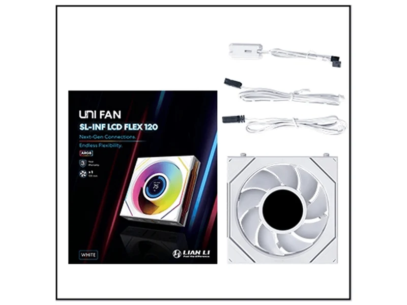 Lian Li Uni Fan SL Infinity 1.8in LCD Flex 2.4GHz Wireless 120mm ARGB Fan - White (12SLIND1F1W)
