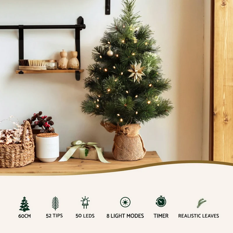 Jingle Jollys Christmas Tree 60CM Mini Tabletop 8 Light Modes Timer Xmas Tree