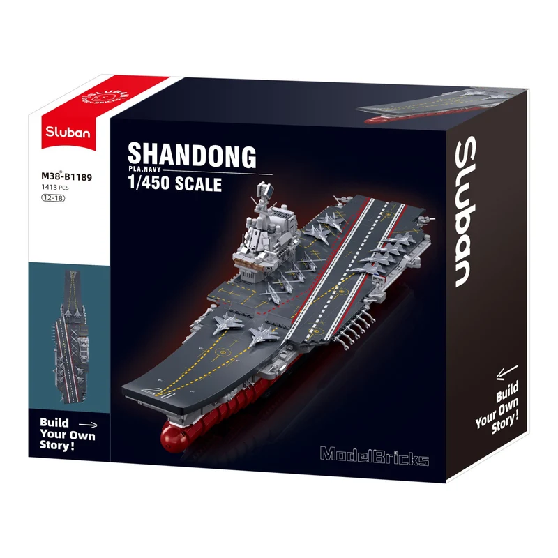 Sluban B1189 Model Kit 1:450 Aircraft Carrier Shandong Type 002 PLAN Warship Navy Vessel Boat Military Blocks DIY Set Toy