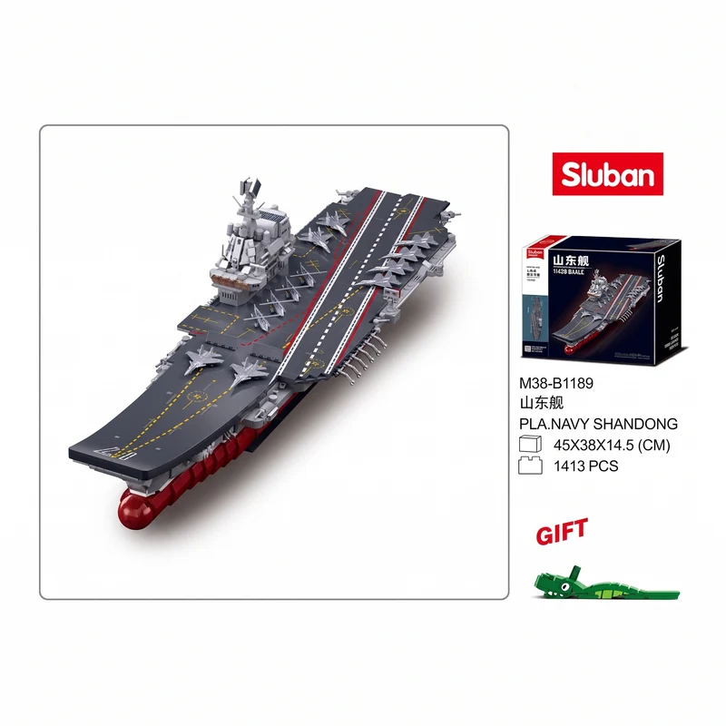 Sluban B1189 Model Kit 1:450 Aircraft Carrier Shandong Type 002 PLAN Warship Navy Vessel Boat Military Blocks DIY Set Toy