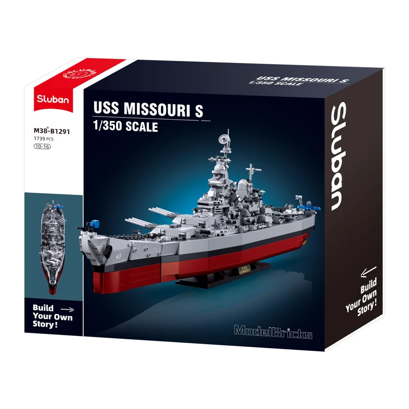 Sluban B1291 Model Kit 1:350 USS Missouri BB63 Mighty Mo Battleship Warship WWII Navy Vessel Boat Military Blocks DIY Set Toy