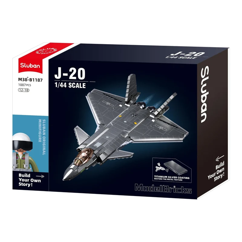 Sluban B1187 Model Kit 1:44 J20 Mighty Dragon Chinese Stealth Fighter Jet Plane Modern PLAAF Military Building Blocks DIY Set Toy
