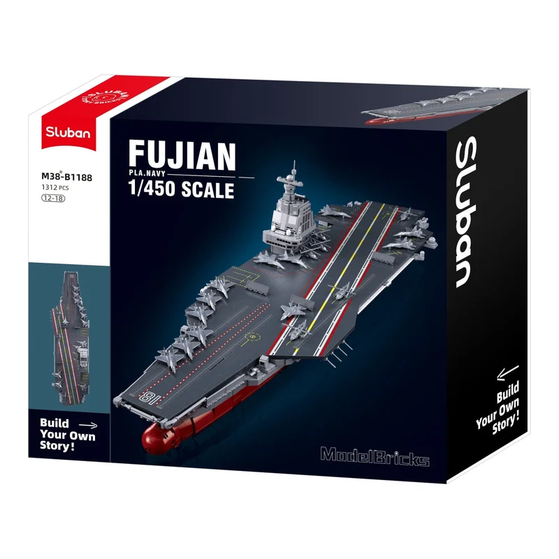 Sluban B1188 Model Kit 1:450 Aircraft Carrier Fujian Type 003 Chinese PLAN Warship Navy Vessel Boat Military Blocks DIY Set Toy