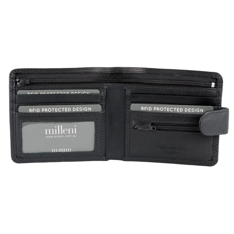 Milleni Men's Leather Card/Cash RFID Protected Tab Wallet 11cm Black