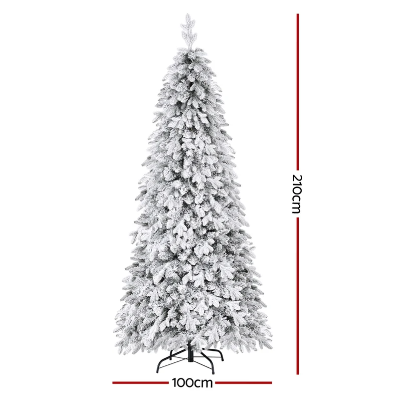 Jingle Jollys Christmas Tree 2.1m Flocking Pencil Tree LED Xmas 860 Tips White