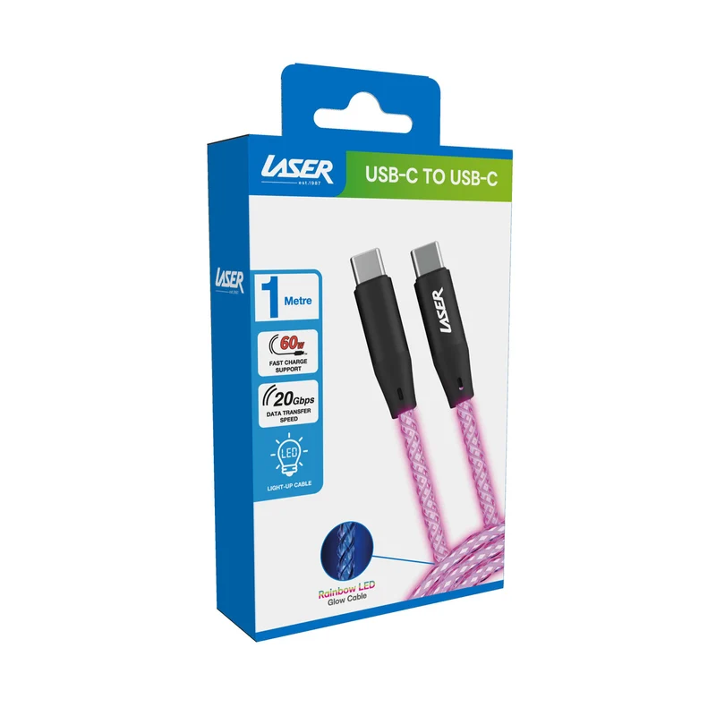 Laser 1m LED USB-C 60W Braided Cable (Rainbow)