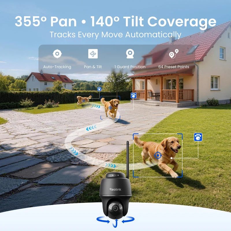 Reolink Argus PT Ultra 4K Pan Tilt Auto Tracking Battery Security Camera+Solar Panel Black