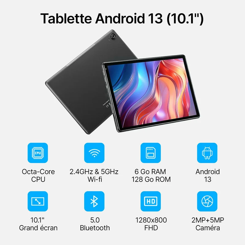 Tablette performante avec housse de protection GRATUITE / Processeur Octa-Core 2.0GHz / 6GB RAM / Mémoire 128GB (extensible jusqu'à 1TB) / WiFi 2.4G/5G, Bluetooth 5.0 / Android 13 / Double caméras