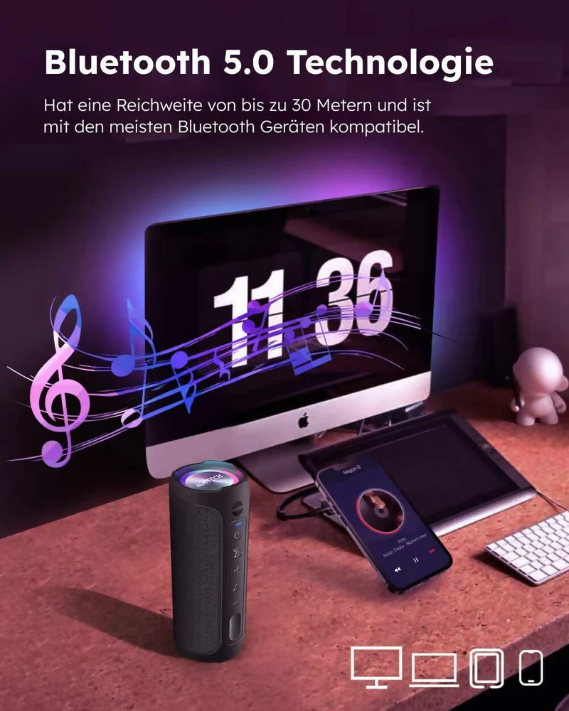 Bluetooth Lautsprecher Pro / Kraftvoller Stereo Sound / IPX7 Wasserdicht / Freisprechfunktion / Optionales LED Licht / 20h Akkulaufzeit