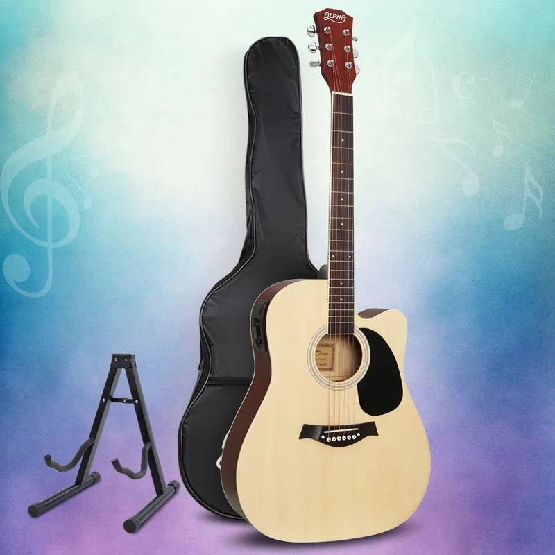 Alpha 41" Acoustic Guitar Equaliser Electric Output Cutaway with Stand Wood