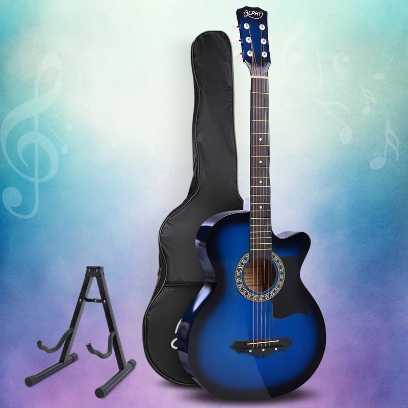 Alpha 38" Acoustic Guitar Wooden Body Steel String with Stand Blue