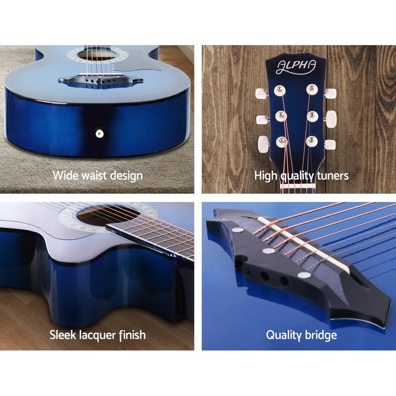 Alpha 38" Acoustic Guitar Wooden Body Steel String with Stand Blue