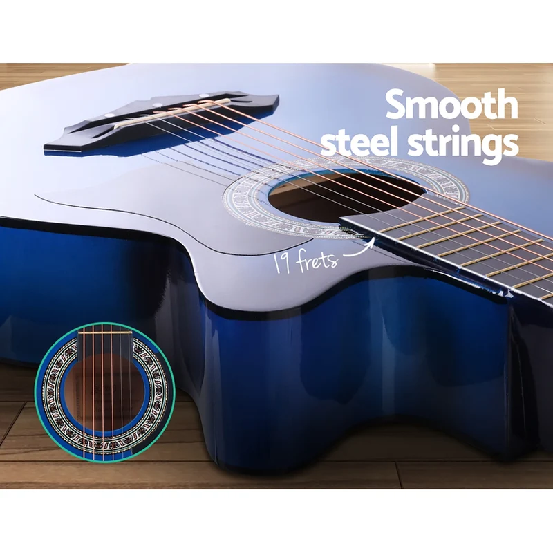 Alpha 38" Acoustic Guitar Wooden Body Steel String with Stand Blue