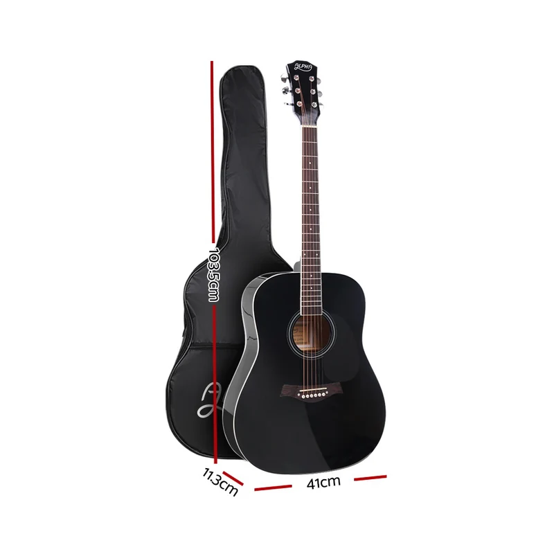 Alpha 41" Acoustic Guitar Wooden Body Steel String Dreadnought Stand Black