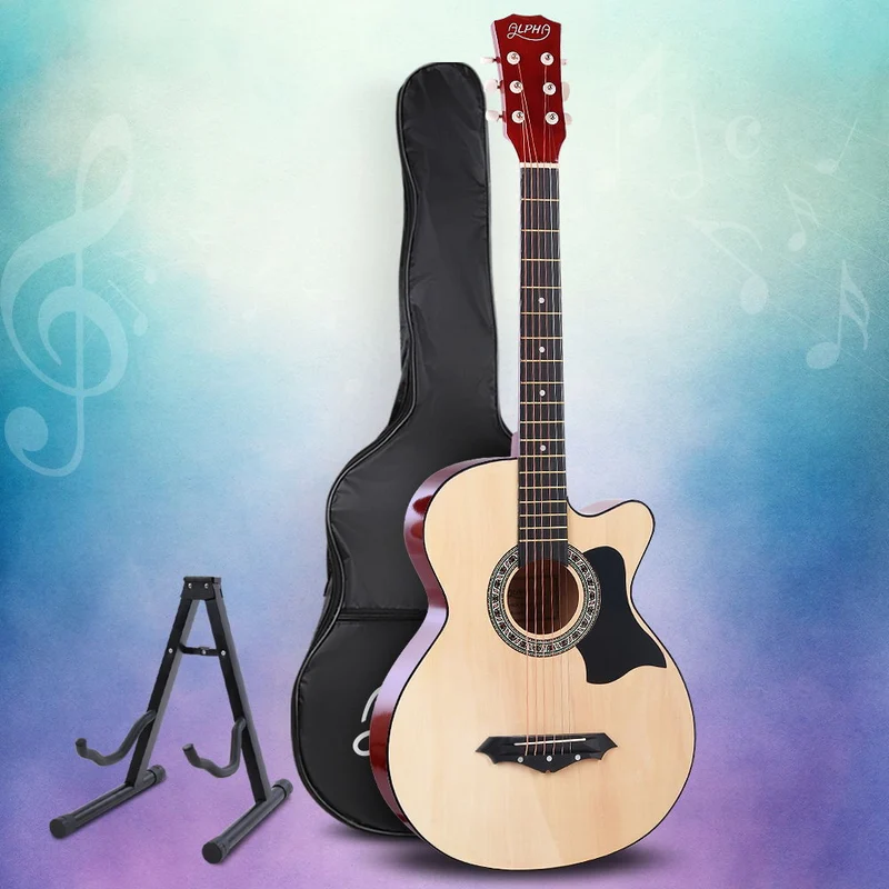 Alpha 38" Acoustic Guitar Wooden Body Steel String Full Size with Stand Wood