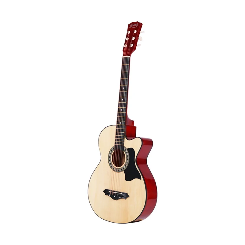 Alpha 38" Acoustic Guitar Wooden Body Steel String Full Size with Stand Wood