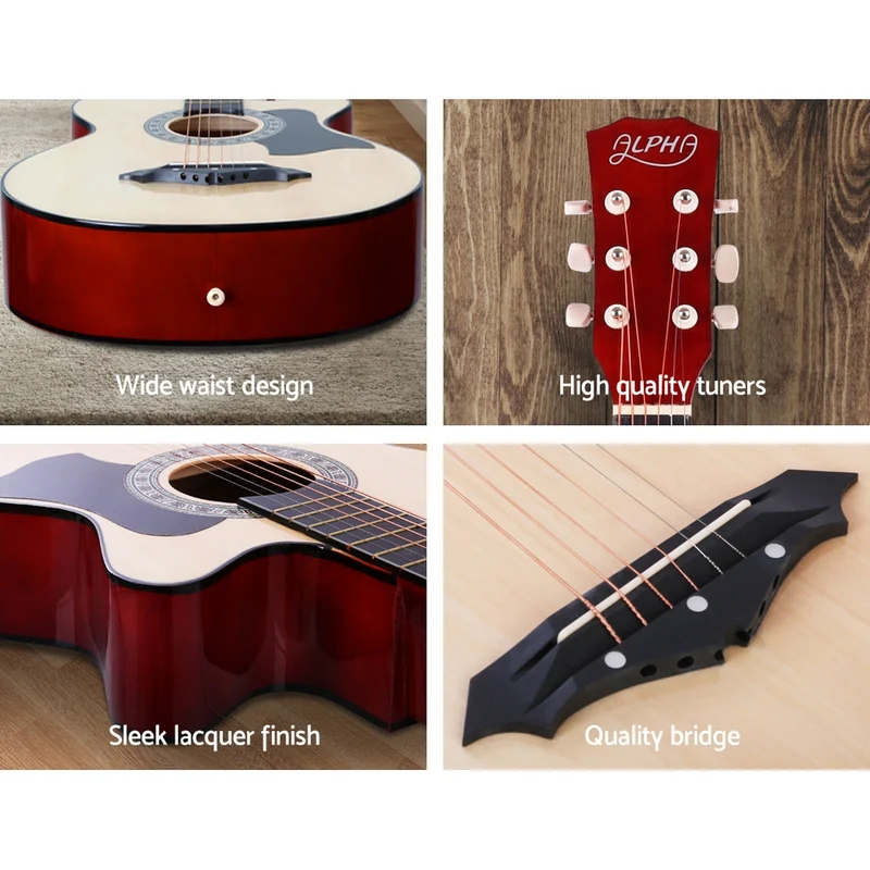 Alpha 38" Acoustic Guitar Wooden Body Steel String Full Size with Stand Wood