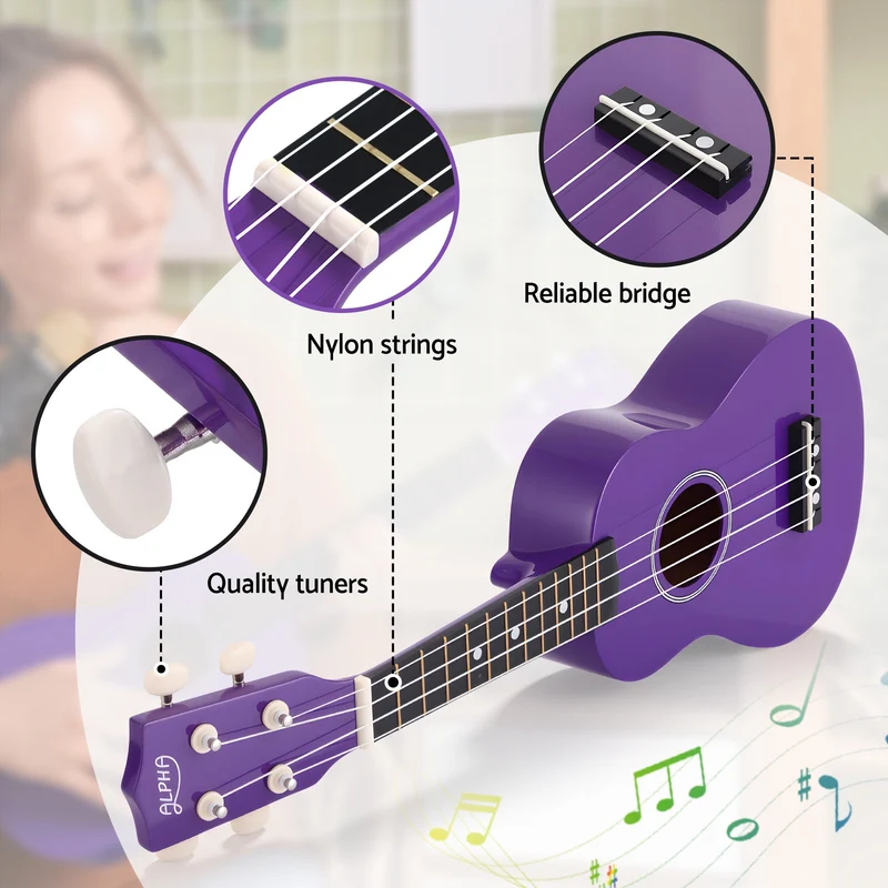Alpha 21" Ukulele Soprano Beginner Acoustic Small Guitar Kids Strings Purple